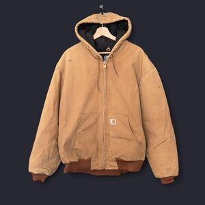Vintage made in USA hooded Carhartt J140 jacket tan brown warm quilted lining